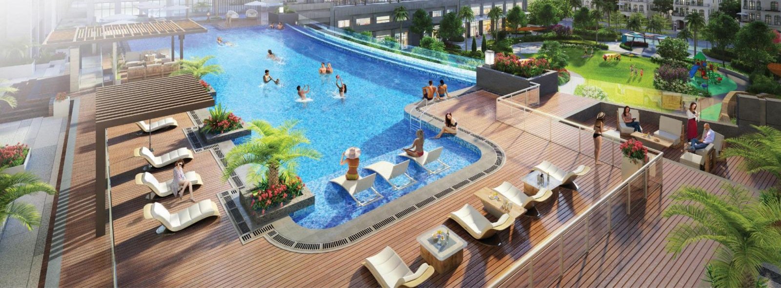 Phối cảnh hồ bơi tràn resort Victoria Village Novaland – Thạnh Mỹ Lợi (Cát Lái), TP Thủ Đức