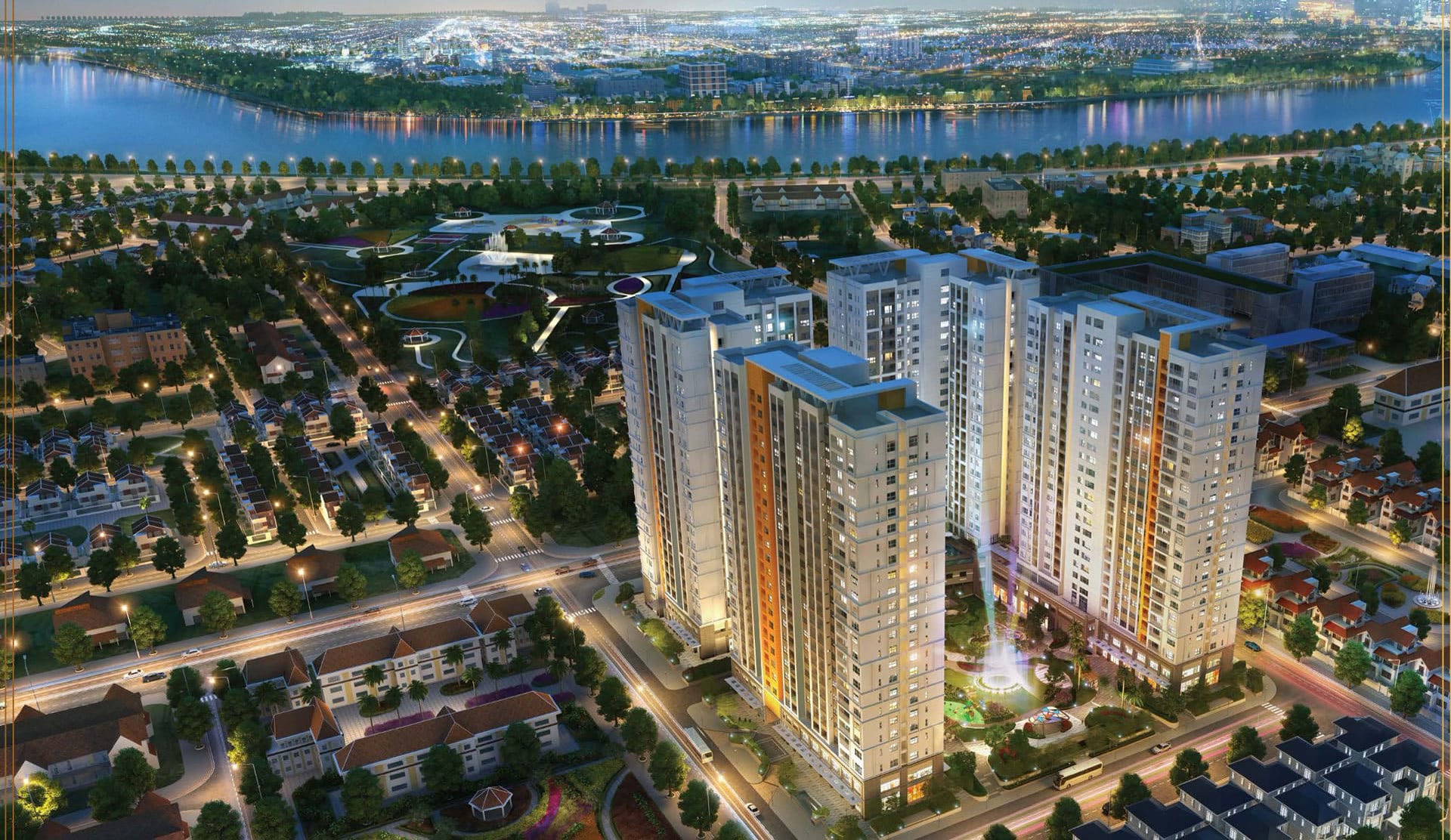 Victoria Village về đêm – khu phức hợp 4 tháp căn hộ Novaland bên sông Sài Gòn, Thạnh Mỹ Lợi (Cát Lái), TP Thủ Đức