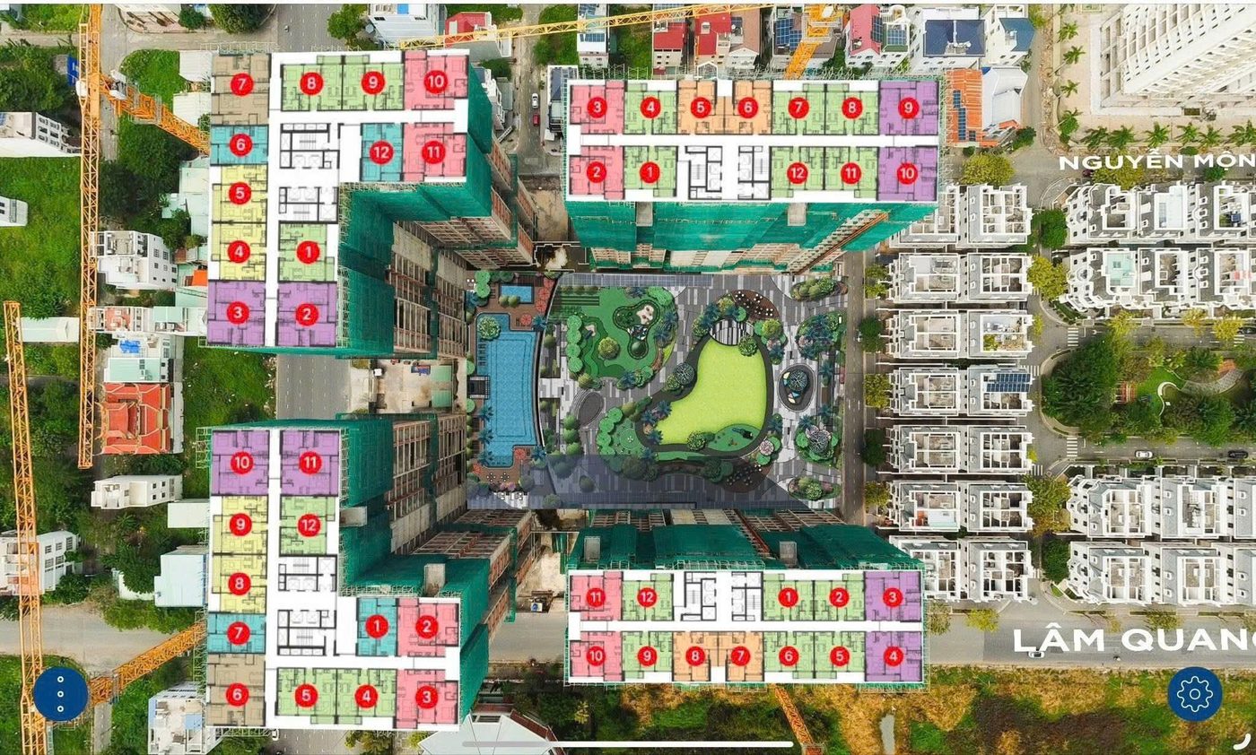Mặt bằng tổng thể Victoria Village từ trên cao: 4 tháp VTV1–VTV4 hình chữ U, vị trí căn số từng block, hồ bơi và công viên nội khu — góc Nguyễn Mộng Tuân, Lâm Quang Ky